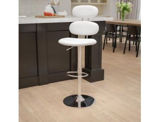 Contemporary White Vinyl Adjustable Barstool with Ellipse Back and Chrome Base