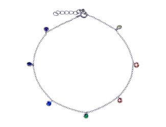 PARIKHS Rhodium Plated Multi Color CZ Dangling Anklet in 925 Sterling Silver