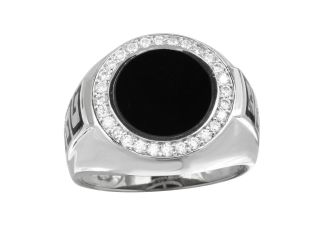 PARIKHS Men's Rhodium Plated Round Flat Round Onyx Ring with CZ in 925 Sterling Silver - Size-10