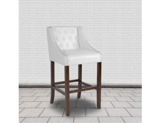 30" High Tufted Walnut Barstool with Accent Nail Trim in White LeatherSoft
