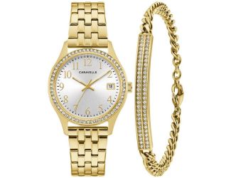 Caravelle Ladies Boxed Set Gold Tone Watch Silver White Dial