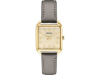 Seiko Essentials Ladies Strap SGP Analog Cream Square Dial, Gold bezel and accents, Olive strap