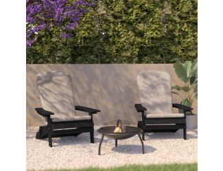 Indoor/Outdoor Black Folding Adirondack Chairs with Gray Cushions - Set of 2