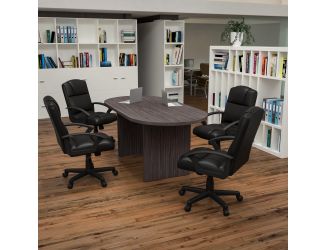 5 Piece Rustic Gray Oval Conference Table with 4 Black LeatherSoft-Padded Chairs
