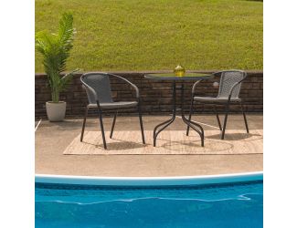 28" Round Tempered Glass Metal Table with Gray Rattan Edging