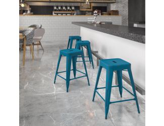 24" High Backless Distressed Blue Metal Indoor-Outdoor Counter Height Stool
