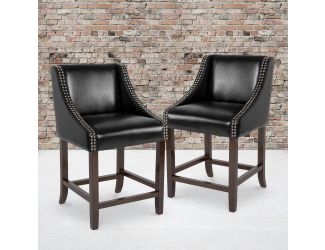 24"H Walnut Counter Stool with Accent Nail Trim - Black LeatherSoft, Set of 2