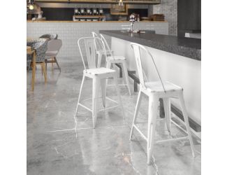 24" High Distressed White Metal Indoor-Outdoor Counter Height Stool with Back
