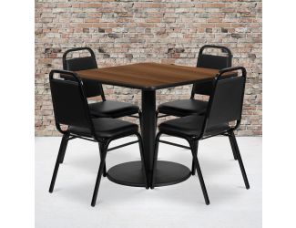 36" Square Walnut Laminate Table with Round Base and 4 Black Banquet Chairs
