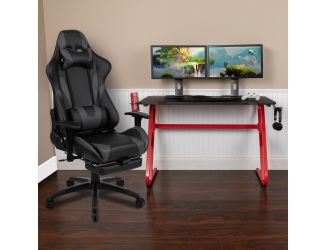 Gaming Bundle-Cup/Headphone Desk & Gray Reclining Footrest Chair