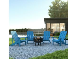 Star and Moon Fire Pit with Mesh Cover & 4 Blue Poly Resin Adirondack Chairs