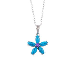 PARIKHS Rhodium Plated Turquoise Flower and Purple CZ Necklace in 925 Sterling Silver