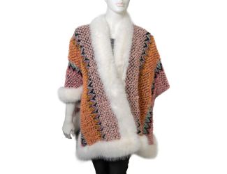 Aztec Zig Zag Knit Ruana, Faux Mink Trim