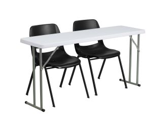 5-Foot Plastic Folding Training Table Set with 2 Black Plastic Stack Chairs