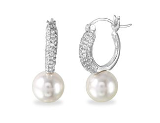 PARIKHS Rhodium Plated Dropped Synthetic Pearl Huggie Earring with CZ in 925 Sterling Silver