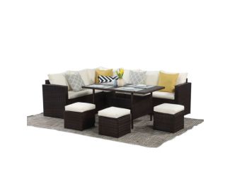 IF Collection - 7-Piece Wicker Patio Dining Sectional Sofa Set - Brown