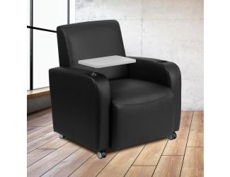 Black LeatherSoft Guest Chair w/Tablet Arm, Front Wheel Casters &Cup Holder