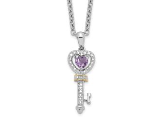 Sterling Silver 14k Accent Amethyst and Diamond Key 18in Necklace