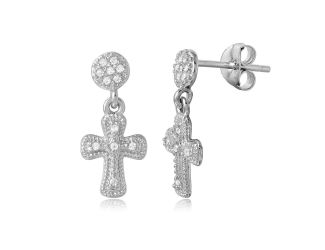 PARIKHS Rhodium Plated Hanging Cross CZ Earring in 925 Sterling Silver