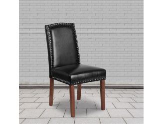 Black LeatherSoft Parsons Chair with Panel Stitching and Silver Accent Nail Trim