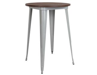 30" Round Silver Metal Indoor Bar Height Table with Walnut Rustic Wood Top