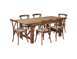 7' x 40" Rustic Folding Farm Table Set with 6 Cross Back Chairs and Cushions