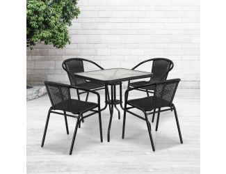 28" SQ Glass Metal Table w/ Black Rattan Edging & 4 Black Rattan Stack Chairs
