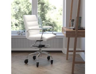 Drafting Chair with Roller Wheels, Adjustable Foot Ring - White LeatherSoft