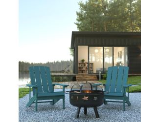 Star and Moon Fire Pit with Mesh Cover & 4 Sea Foam Poly Resin Adirondack Chairs