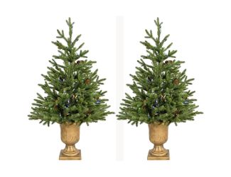 Set of Two 4-Ft. Noble Fir Artificial Trees with Metallic Urn Bases and Multi-Colored LED String Lig