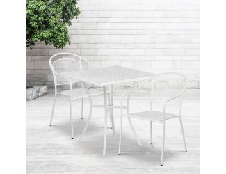 28" Square White Indoor-Outdoor Steel Patio Table Set with 2 Round Back Chairs