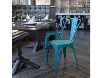 Distressed Blue-Teal Metal Indoor-Outdoor Stackable Chair - Kitchen Furniture