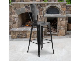30" High Distressed Black Metal Indoor-Outdoor Barstool with Back