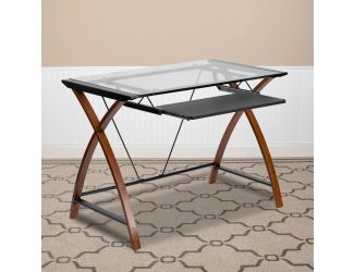 Glass Computer Desk with Pull-Out Keyboard Tray and Crisscross Frame