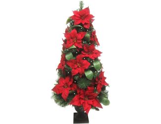 4-Ft. Pre Lit Christmas Porch Tree with Velvet Poinsettia Blooms and Leaf Accents