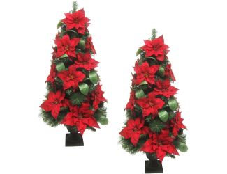 4-Ft. Christmas Porch Trees, Velvet Poinsettia Blooms and Leaf Accents, Set of 2