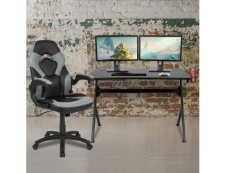 Black/Gray Gaming Desk Bundle - Cup/Headphone Holders, Wire Management