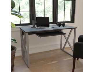Black Computer Desk with Pull-Out Keyboard Tray and Cross-Brace Frame