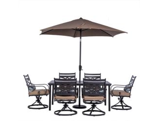 Montclair 7-Piece Dining Set in Tan with 6 Swivel Rockers, 40-In. x 66-In. Dining Table and 9-Ft. Um