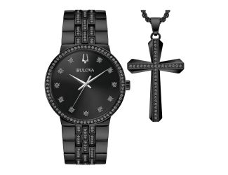 Mens Classic Crystal Black Ion-Plated Watch & Cross Necklace