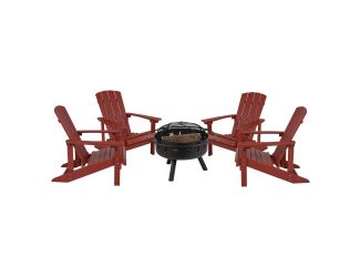 5pc Charlestown Adirondack Chair & Fire Pit Set: Red