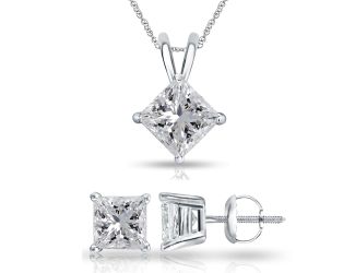 Bright White Pinnacle Princess cut Lab Grown Diamond Screwback Set in 14K White Gold 1.00ct, GH, VVS