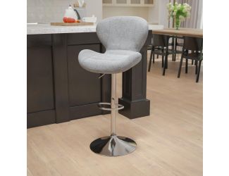 Contemporary Gray Fabric Adjustable Barstool with Curved Back & Chrome Base