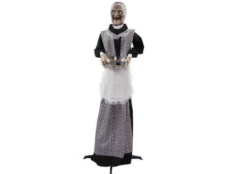 Life-Size Animatronic Zombie Maid Holding Tray with Lights and Sound, Indoor or Covered Outdoor Hall