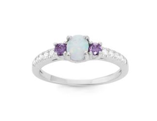 White Oval Inlay Opal Ring with Amethyst and CZ Accents, Size 9