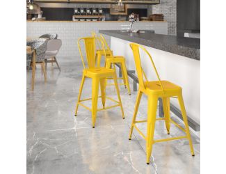 24" High Yellow Metal Indoor-Outdoor Counter Height Stool with Back