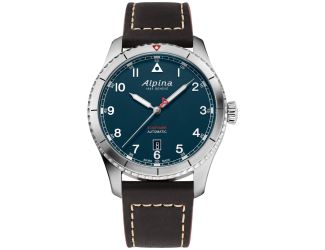 Alpina Mens Automatic Startimer Leather Strap Watch, Blue dial