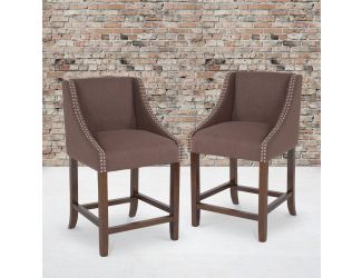 24"H Walnut Counter Stool with Accent Nail Trim - Brown Fabric, Set of 2