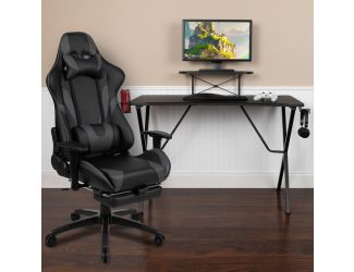 Gaming Bundle-Cup/Headphone Desk & Gray Reclining Footrest Chair