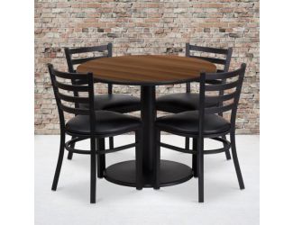 36" Round Walnut Laminate Table with Round Base and 4 Ladder Back Metal Chairs